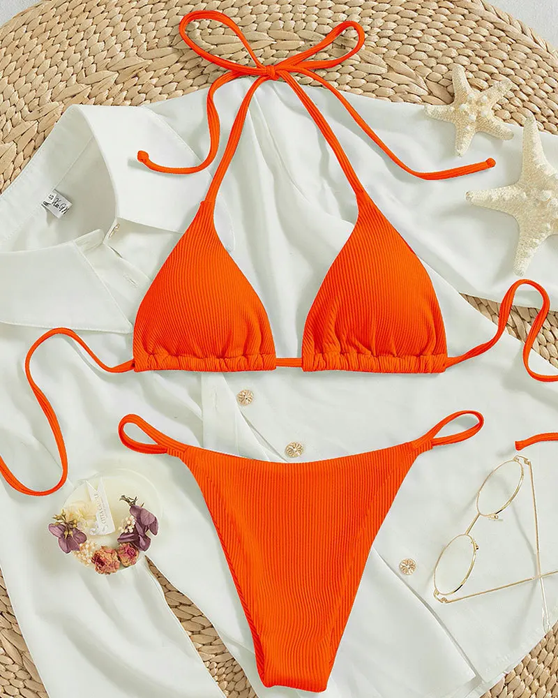 Bikini halter wysokie wiązanie z prążkowanej tkaniny Pomarańczowy