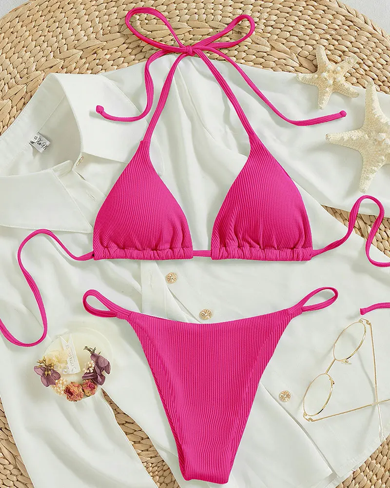 Bikini halter wysokie wiązanie z prążkowanej tkaniny Róża czerwona