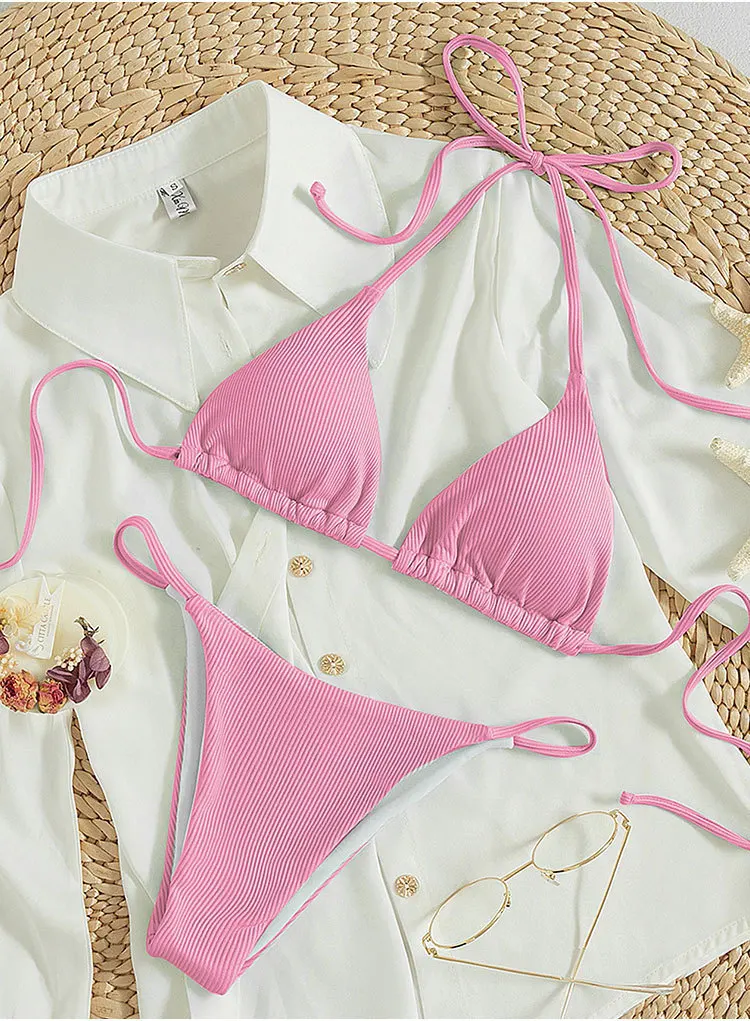 Bikini halter wysokie wiązanie z prążkowanej tkaniny Różowy