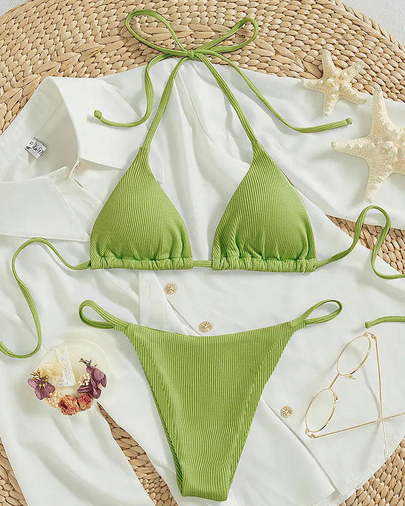 Bikini halter wysokie wiązanie z prążkowanej tkaniny Zielony