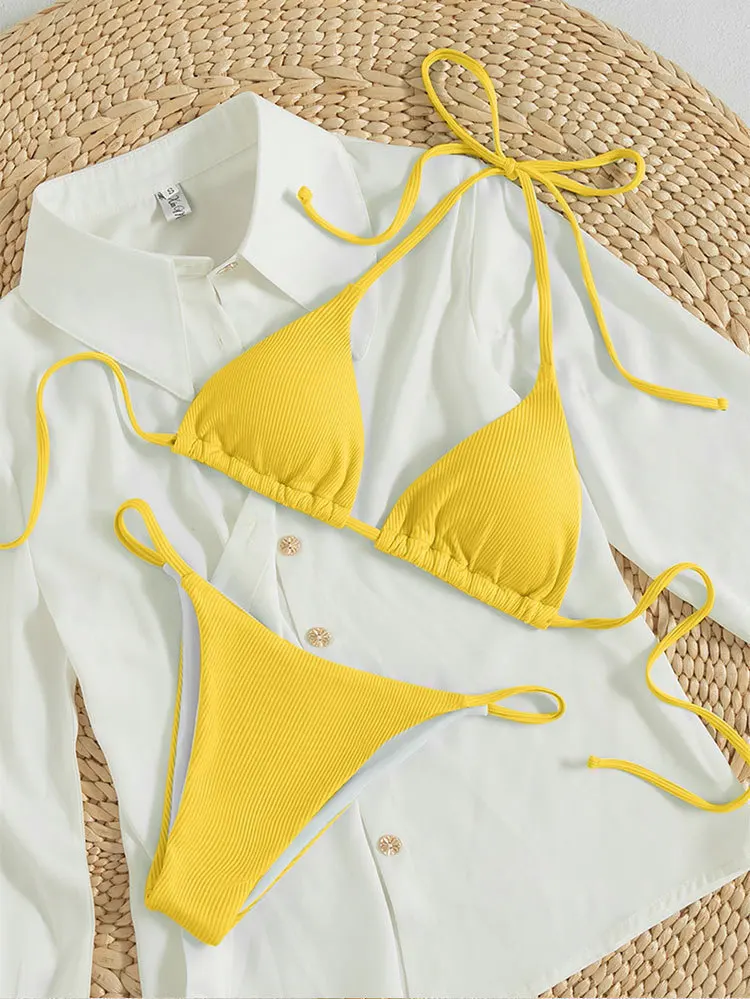 Bikini halter wysokie wiązanie z prążkowanej tkaniny żółty