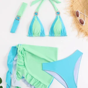 Luksusowe bikini z kryształkami i spódnicą z falbanami Błękitny