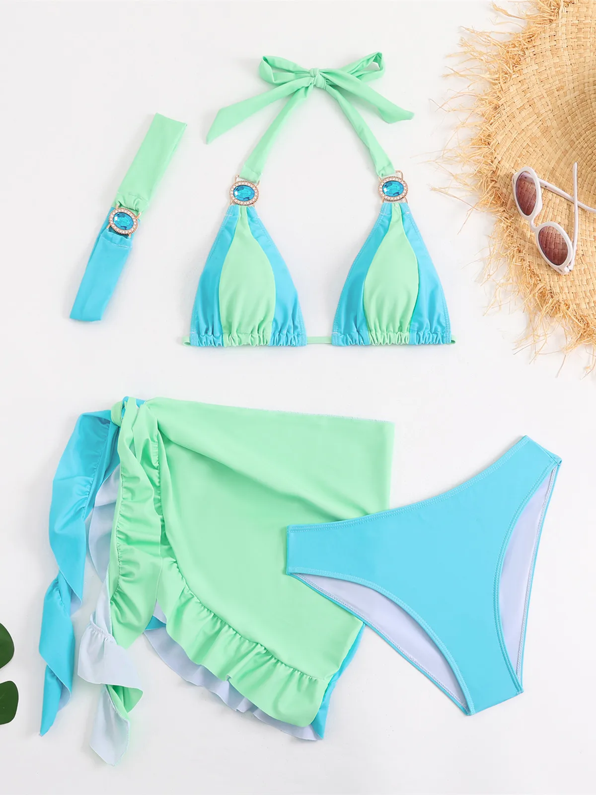 Luksusowe bikini z kryształkami i spódnicą z falbanami Błękitny