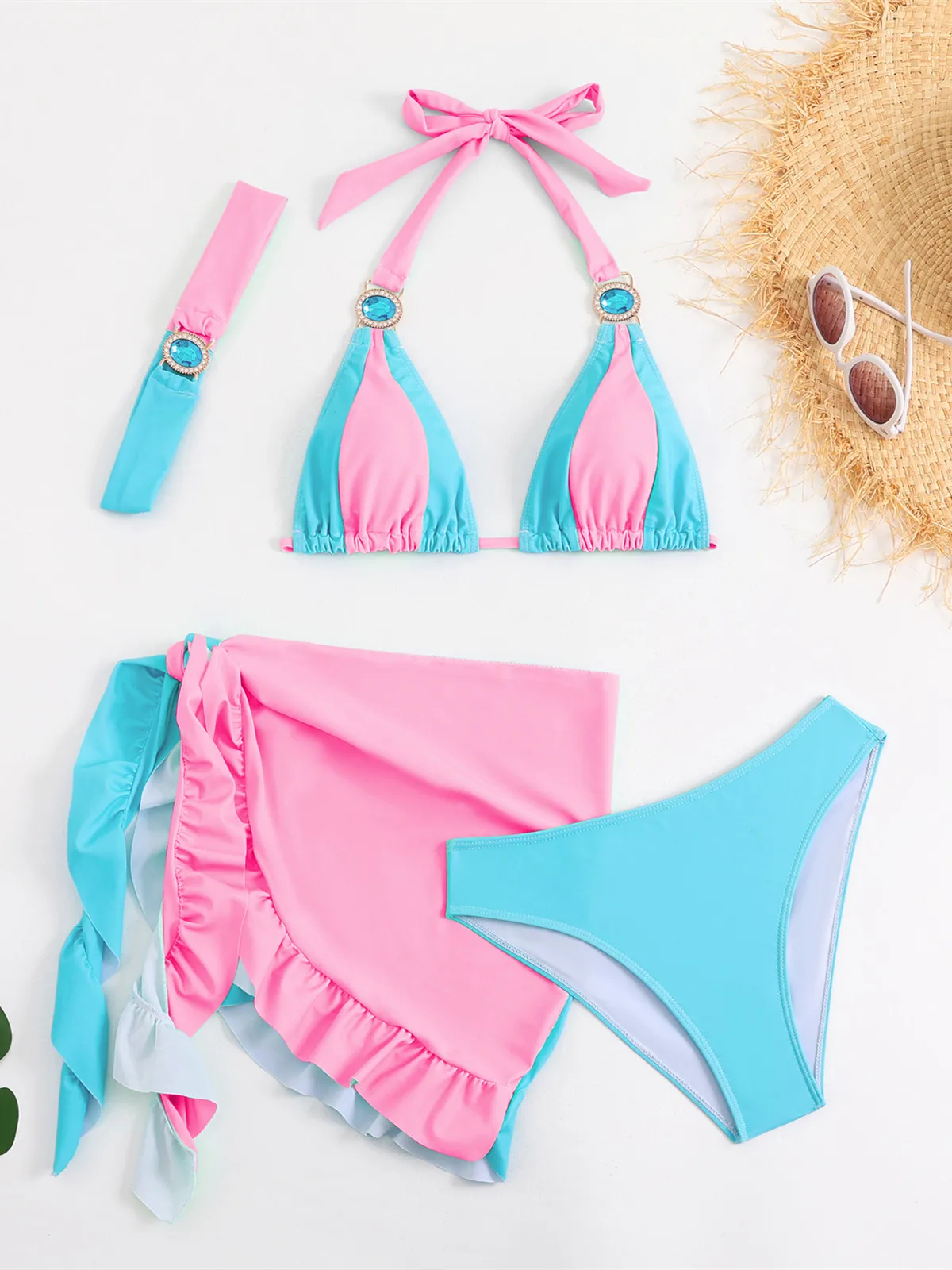 Luksusowe bikini z kryształkami i spódnicą z falbanami Różowy