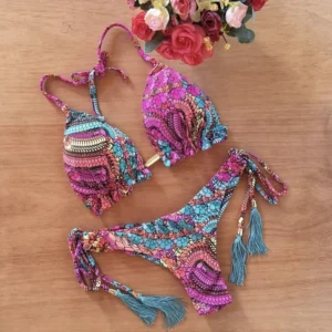Bikini kwiatowe stringi push-up Beżowy