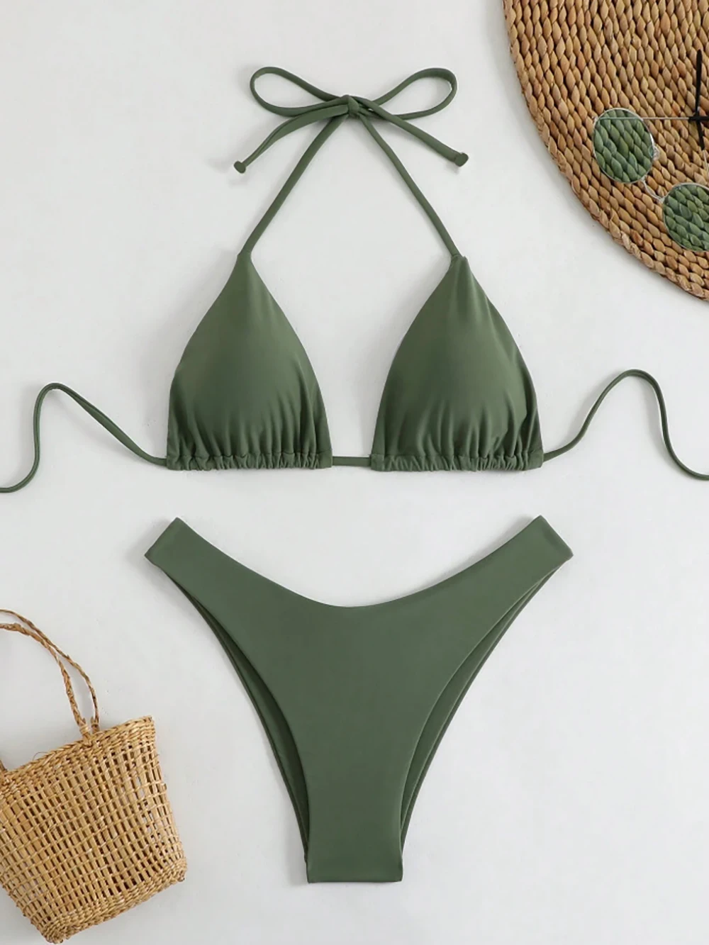 Bikini na szyję ze sznurowaniem i niskim stanem stringi Khaki