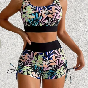 Bikini z nadrukiem liści wysoki stan czarne dwuczęściowe Czarny