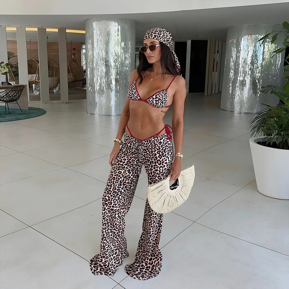 Bikini z nadrukiem i narzutką kimono – 3-częściowy strój kąpielowy Brązowy