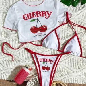 Bikini trzyczęściowe z nadrukiem wiśni i szarfami Biały