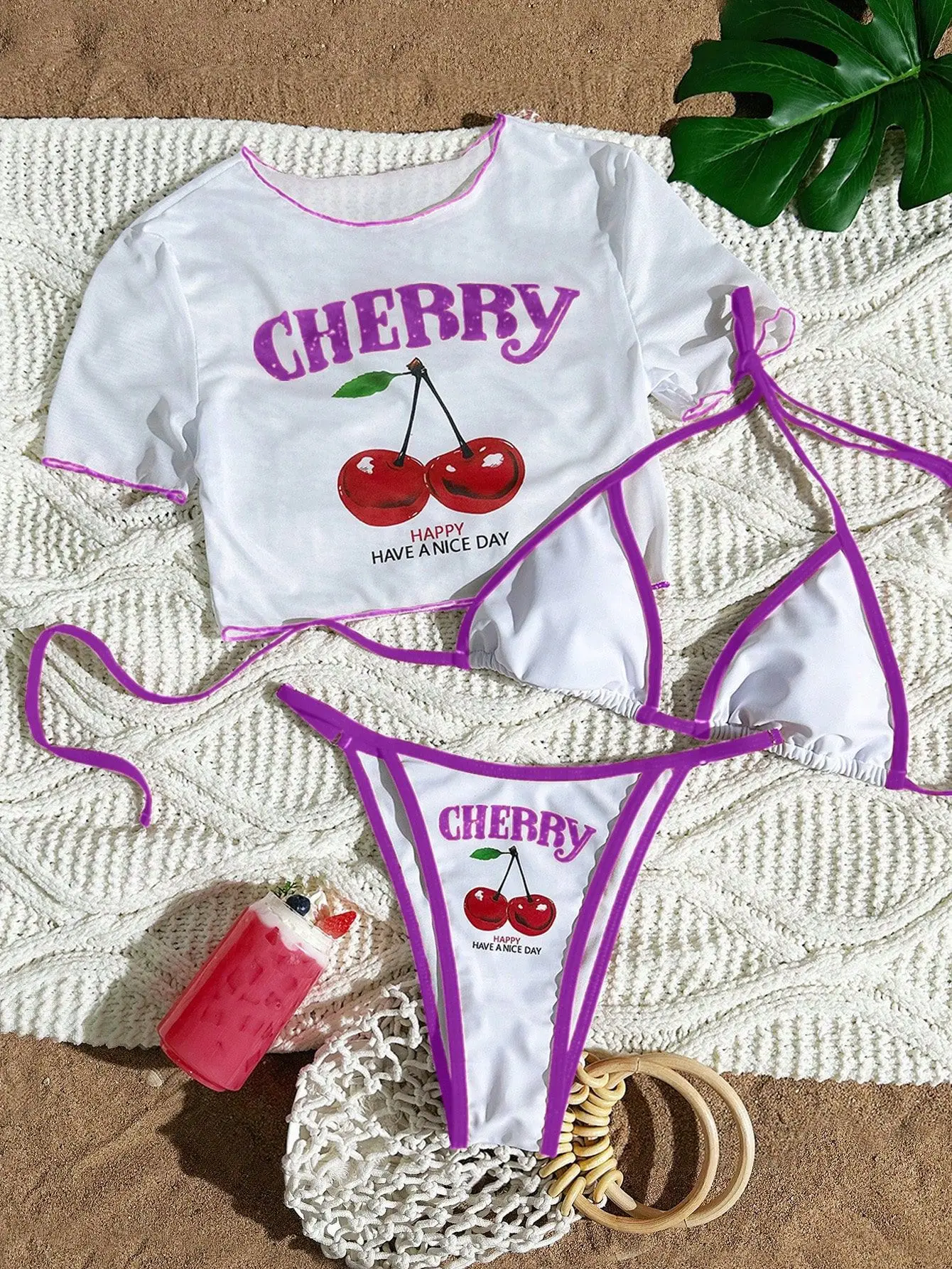 Bikini trzyczęściowe z nadrukiem wiśni i szarfami Czarny