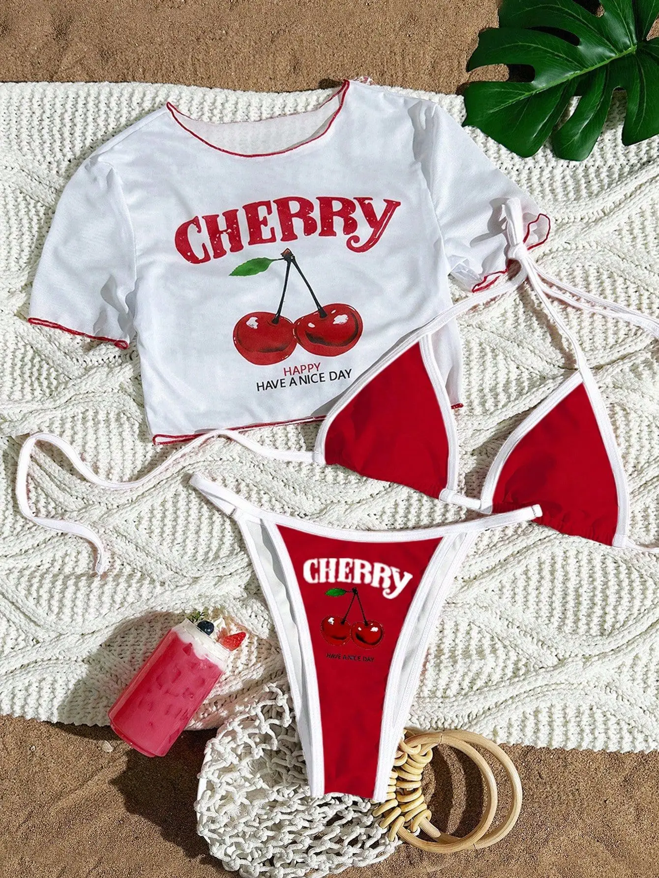 Bikini trzyczęściowe z nadrukiem wiśni i szarfami Czerwony