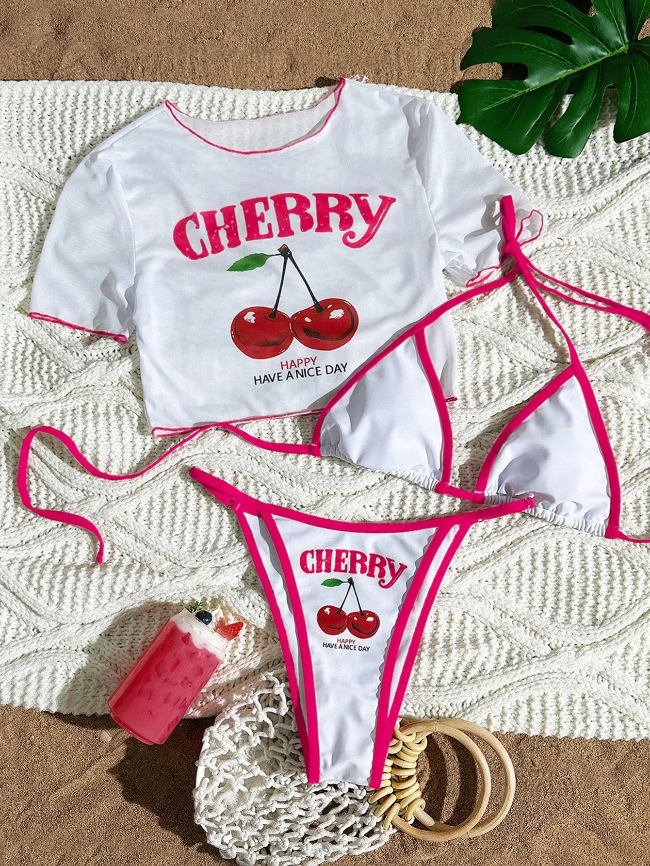 Bikini trzyczęściowe z nadrukiem wiśni i szarfami Fioletowy
