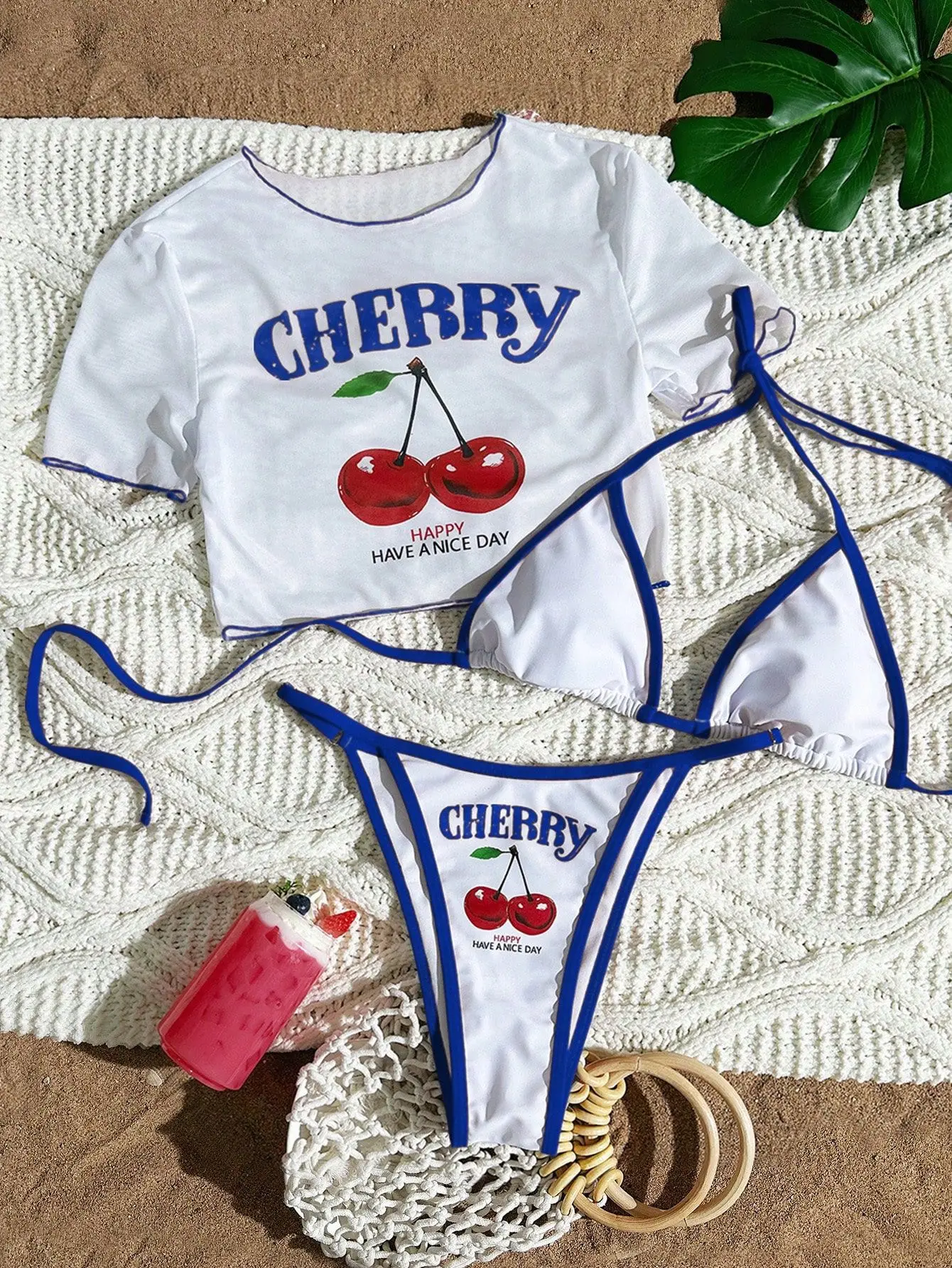 Bikini trzyczęściowe z nadrukiem wiśni i szarfami Niebieski