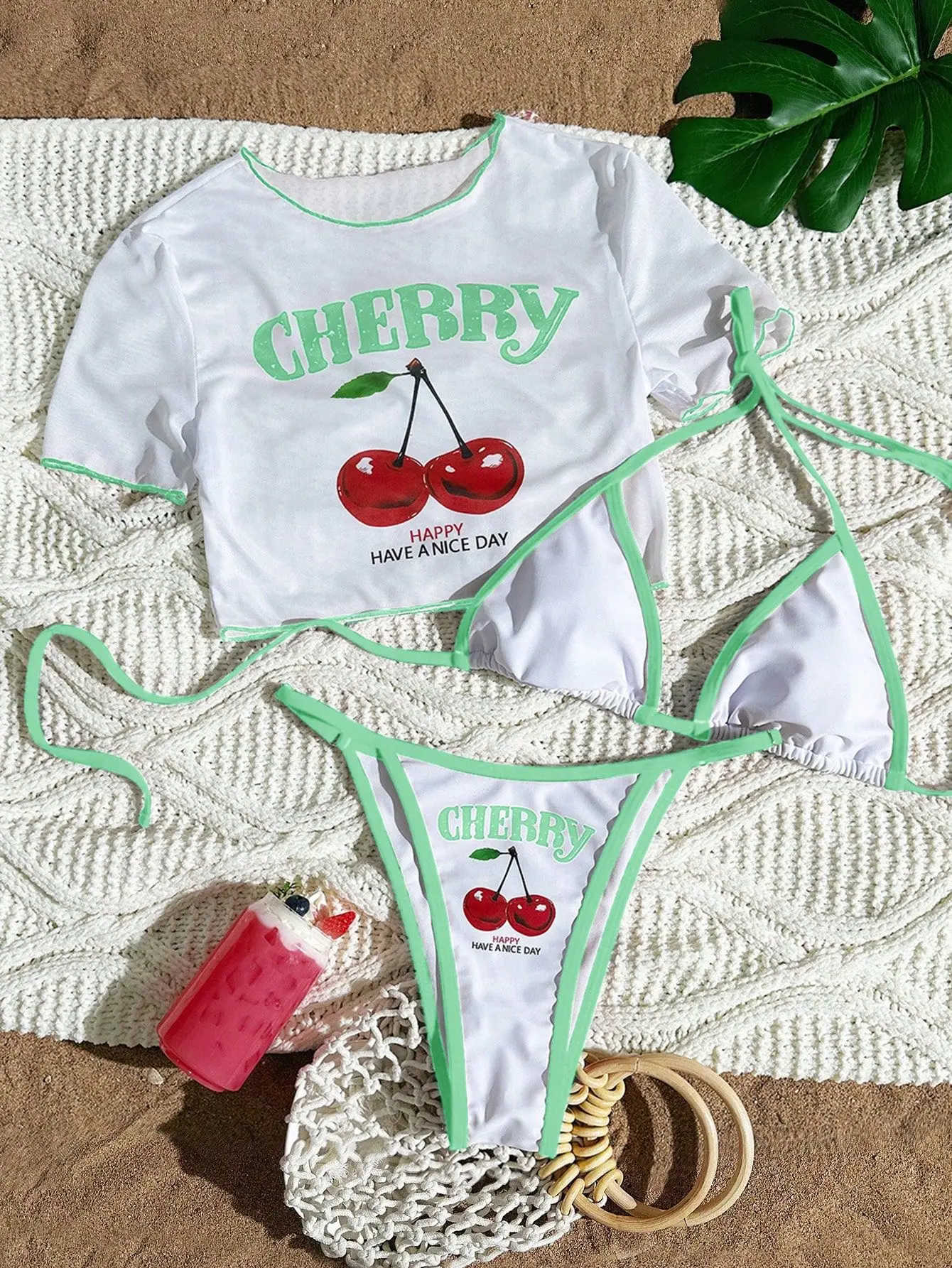 Bikini trzyczęściowe z nadrukiem wiśni i szarfami Zielony