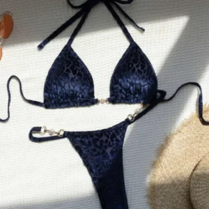 Bikini w panterkę ze sznurowaniem i stringami Niebieski
