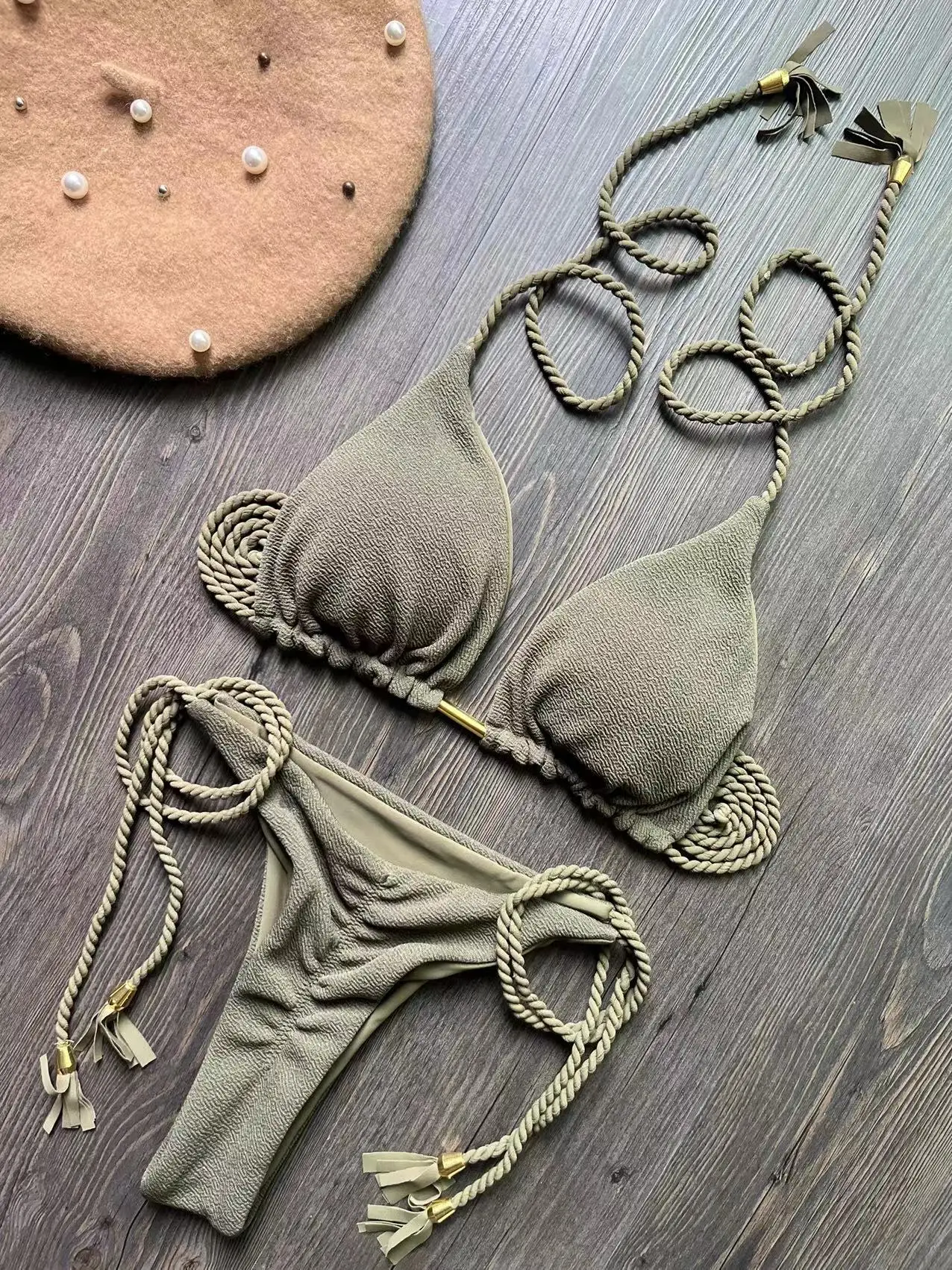 Bikini plecionka bandażowe dwuczęściowe brazylijskie Beżowy