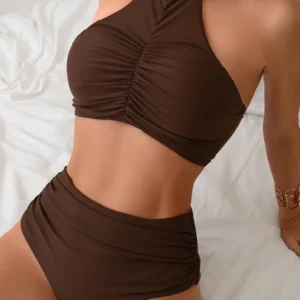 Bikini z plisami wiązane na szyi push-up Kawa