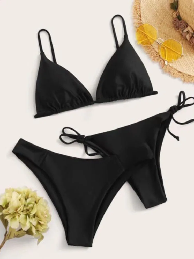 Bikini push-up 3-częściowe z regulowanymi paskami w talii Czarny
