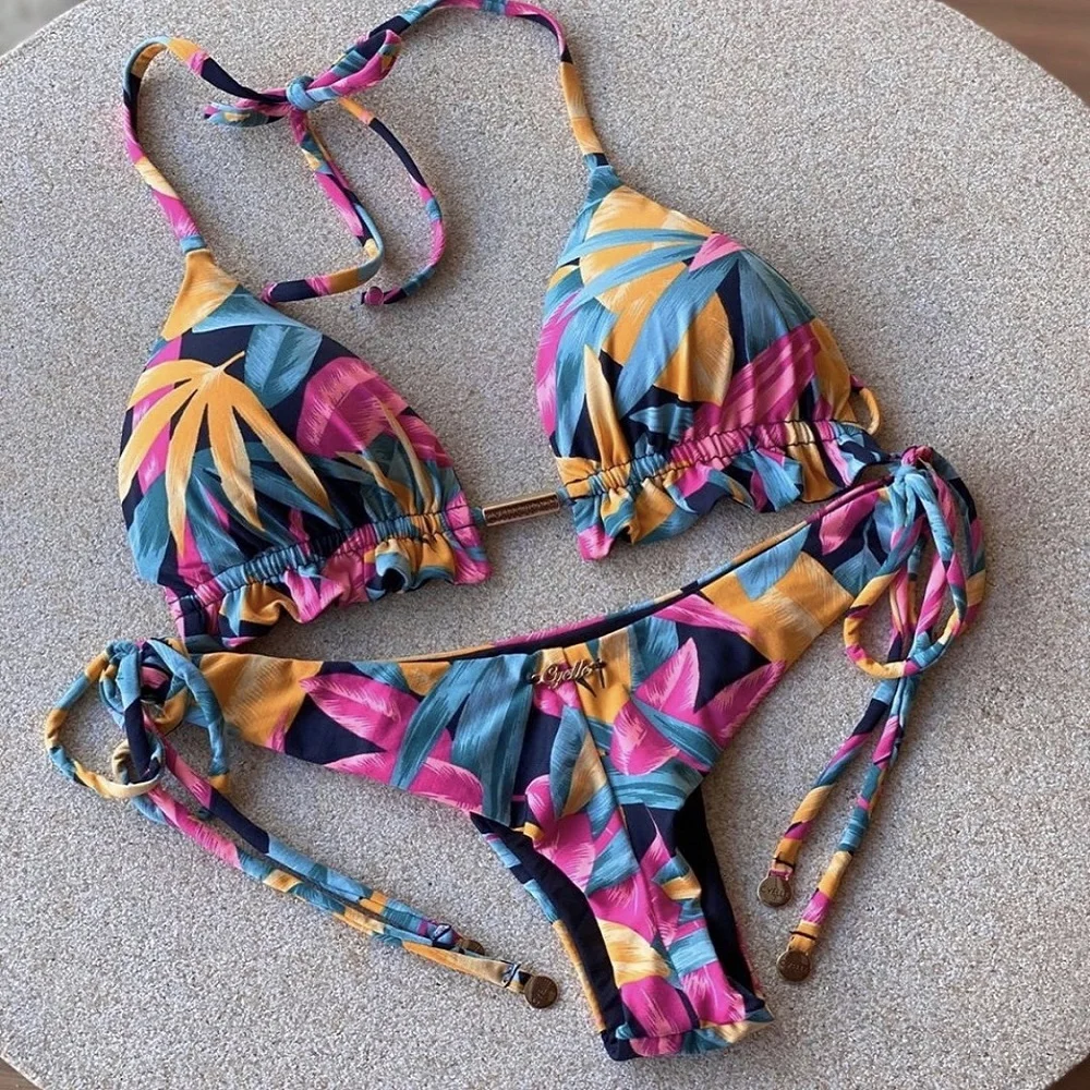 Bikini push-up damski strój kąpielowy beżowy brąz Złoto