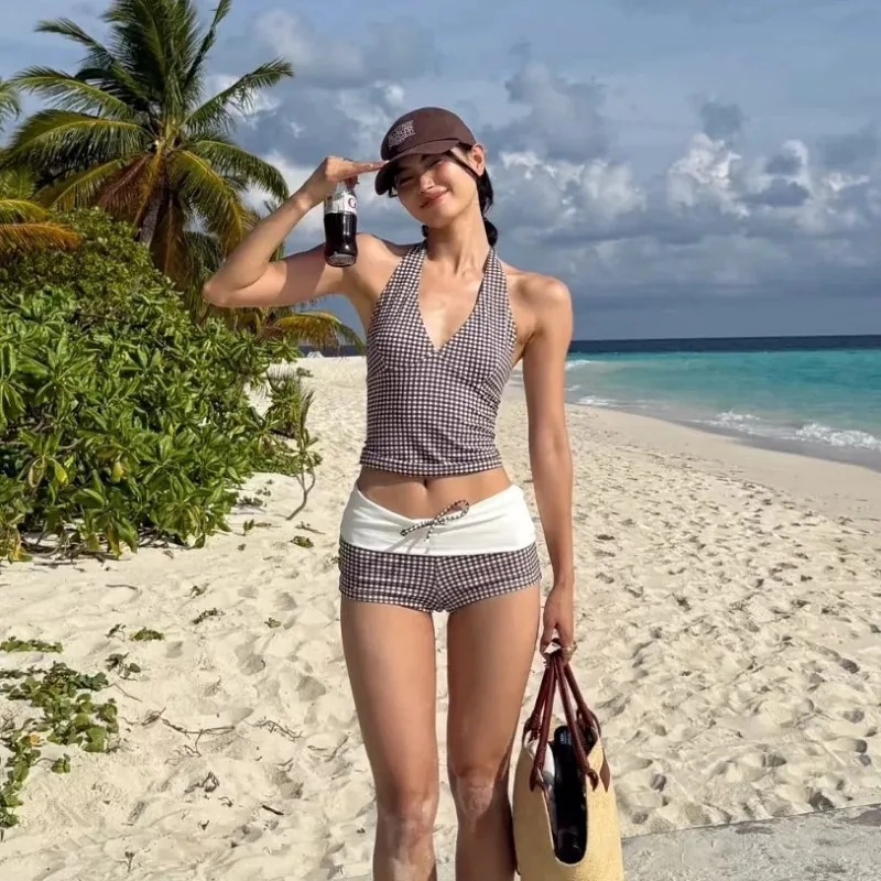 Bikini push-up w kratę z wysokim stanem — strój kąpielowy na plażę Brązowy
