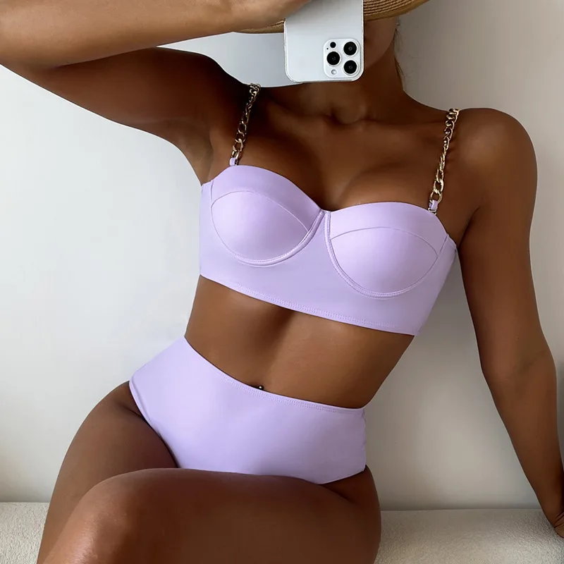Bikini push-up z łańcuszkiem na ramionach i wysokim stanem Jasny fiolet
