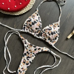 Bikini push up w panterkę ze stringami Beżowy