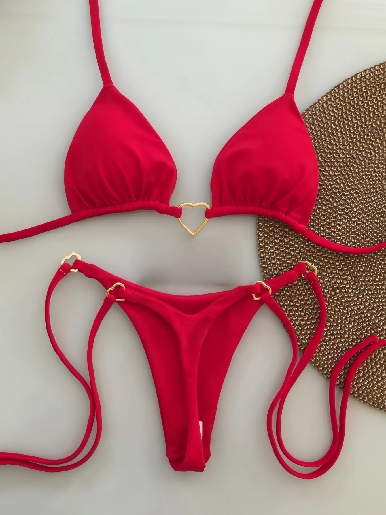 Bikini na ramiączkach z niskim stanem, jednolite Czerwony