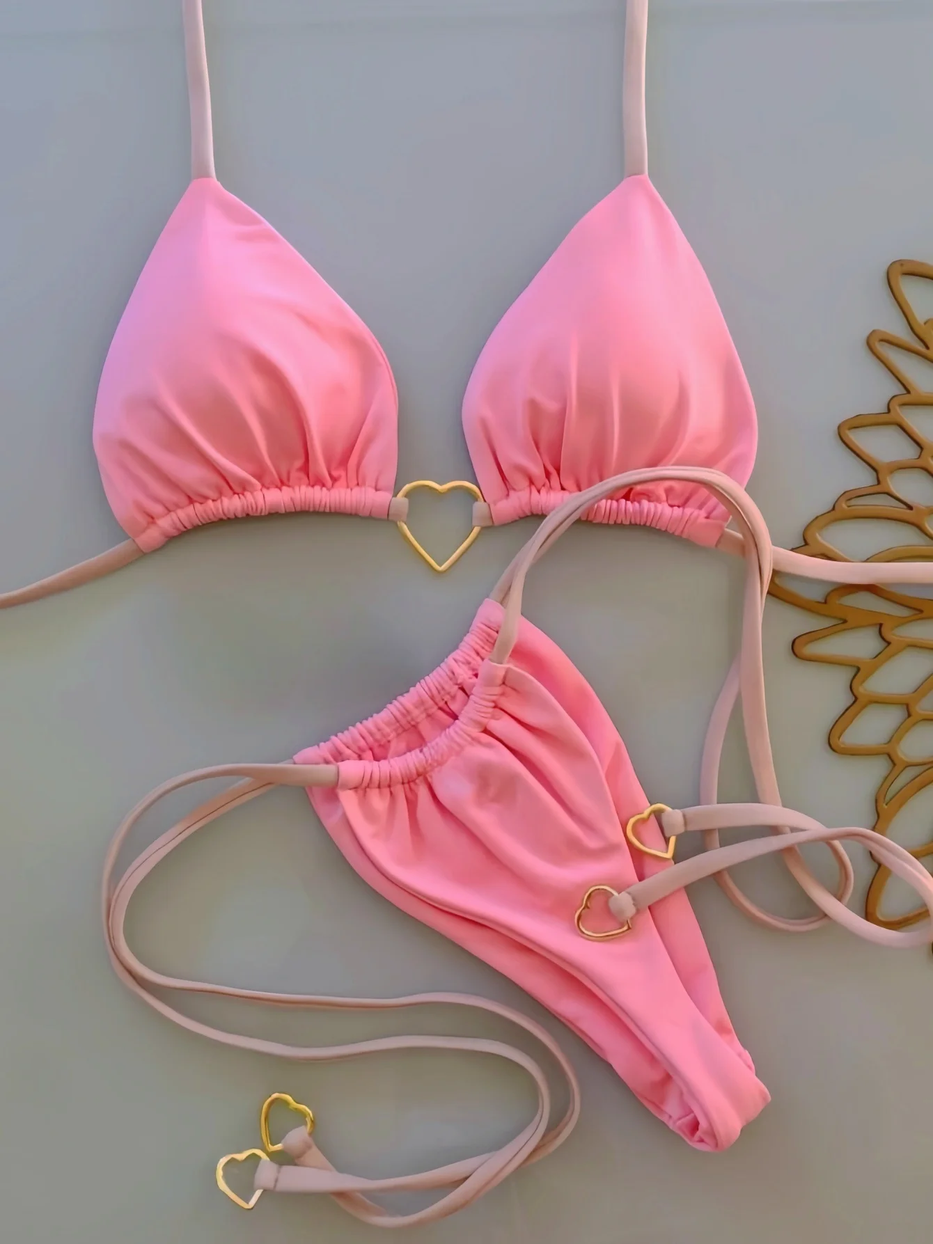 Bikini na ramiączkach z niskim stanem, jednolite Różowy