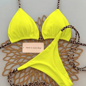 Bikini string w panterkę sznurowane z wiązaniem na szyi Khaki