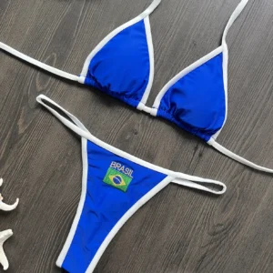 Damski strój kąpielowy bikini z haftem i kontrastowym wykończeniem Czarny