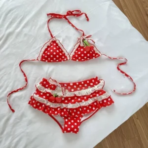 Bikini sznurowane vintage Y2K — dwuczęściowy strój kąpielowy Beżowy