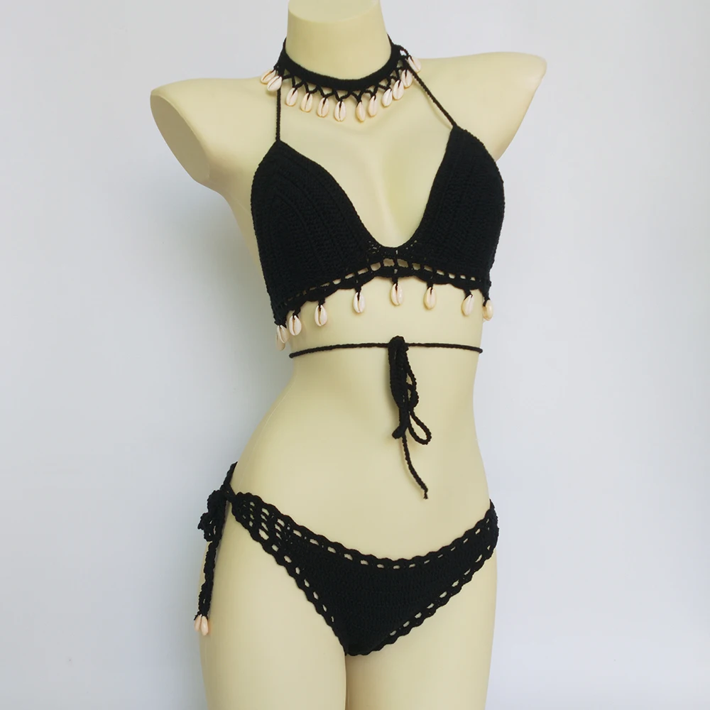 Bikini szydełkowe z muszelkami i łańcuszkiem na kostkę Czarny