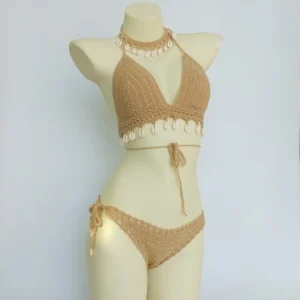 Bikini szydełkowe z muszelkami i łańcuszkiem na kostkę Khaki