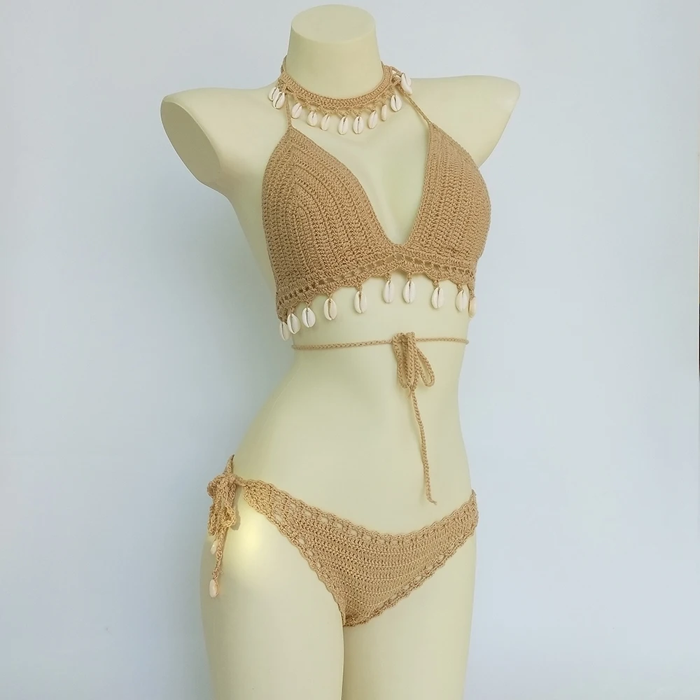 Bikini szydełkowe z muszelkami i łańcuszkiem na kostkę Khaki
