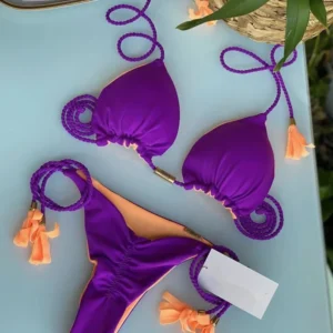 Bikini trójkątne sznurowane z niskim stanem brazylijskie Głęboki niebieski