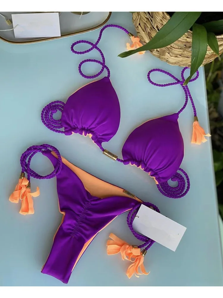 Bikini trójkątne sznurowane z niskim stanem brazylijskie Głęboki niebieski