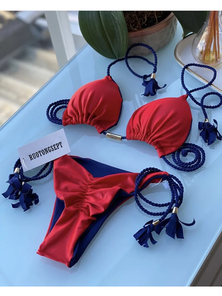 Bikini trójkątne sznurowane z niskim stanem brazylijskie Srebrny