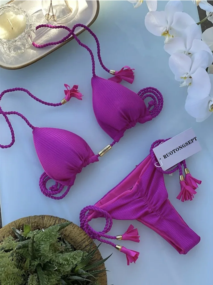 Bikini trójkątne sznurowane z niskim stanem brazylijskie żółty