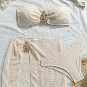 Trzyczęściowe bikini z marszczeniem i metalowym kółkiem Beżowy