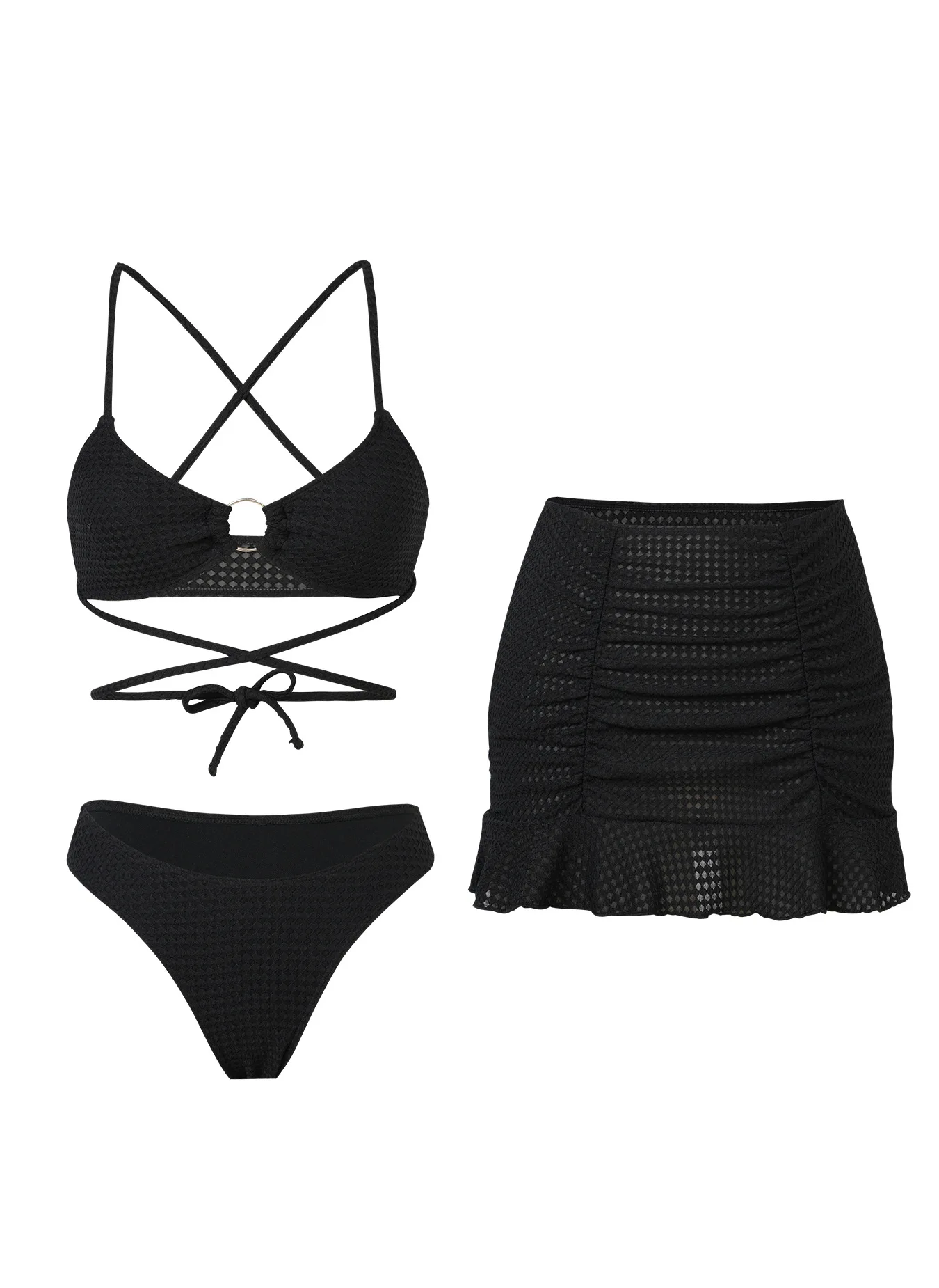 Seksowne bikini trzyczęściowe z paskami i skrzyżowanymi wiązaniami Czarny