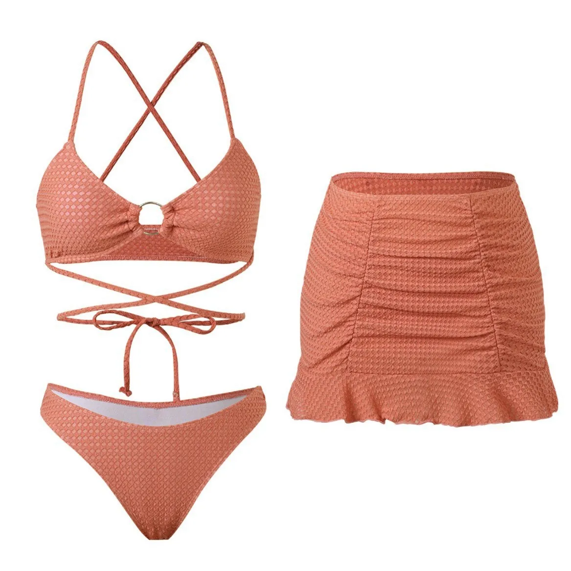 Seksowne bikini trzyczęściowe z paskami i skrzyżowanymi wiązaniami Czekolada