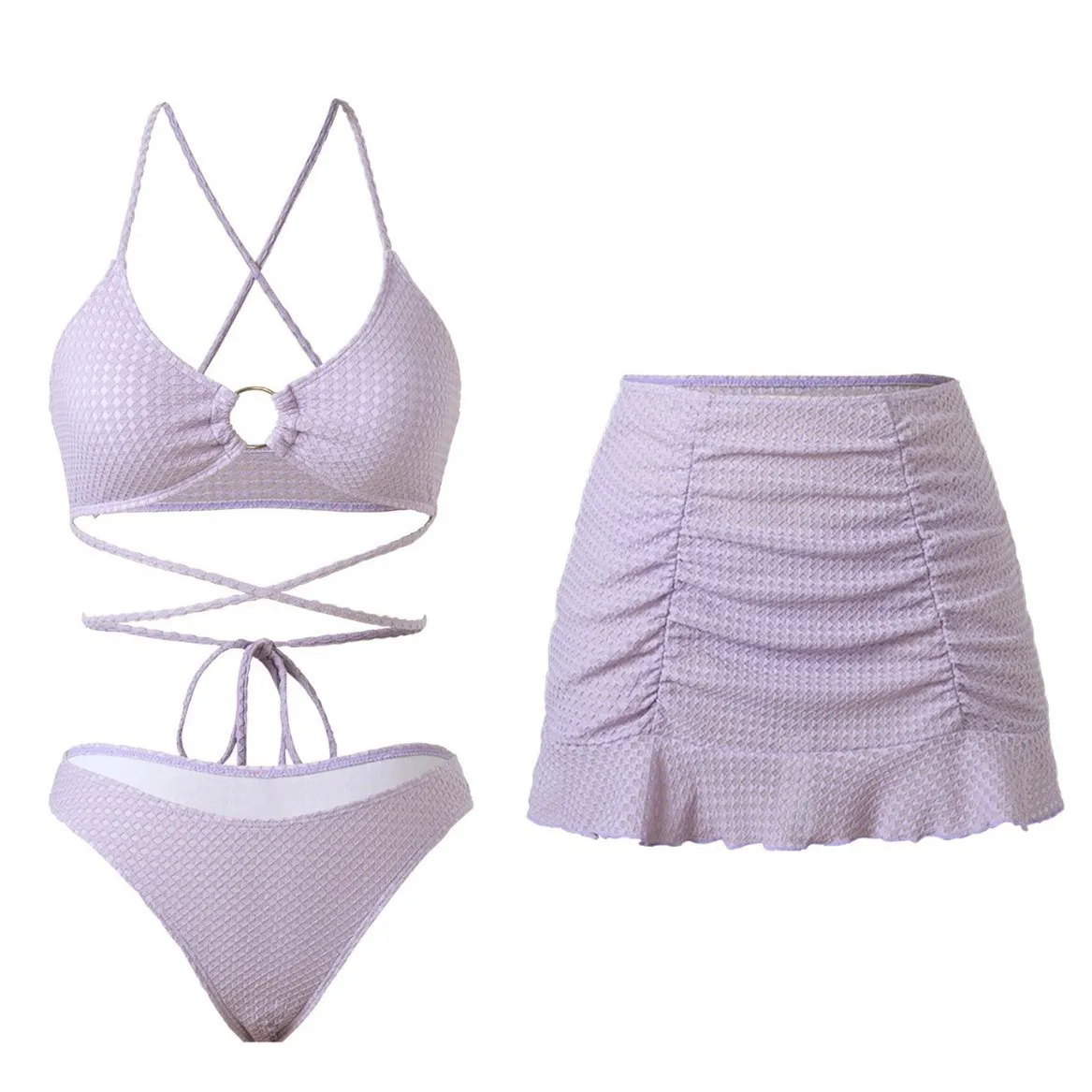 Seksowne bikini trzyczęściowe z paskami i skrzyżowanymi wiązaniami Jasny fiolet
