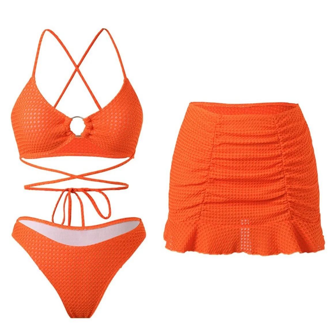 Seksowne bikini trzyczęściowe z paskami i skrzyżowanymi wiązaniami Pomarańczowa czerwona
