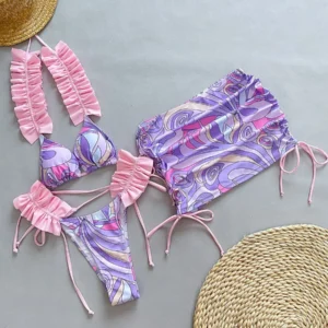 Trzyczęściowe bikini ze spódnicą i falbankami Fioletowy