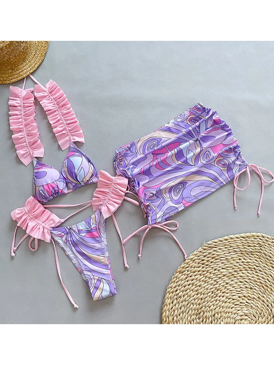 Trzyczęściowe bikini ze spódnicą i falbankami Fioletowy