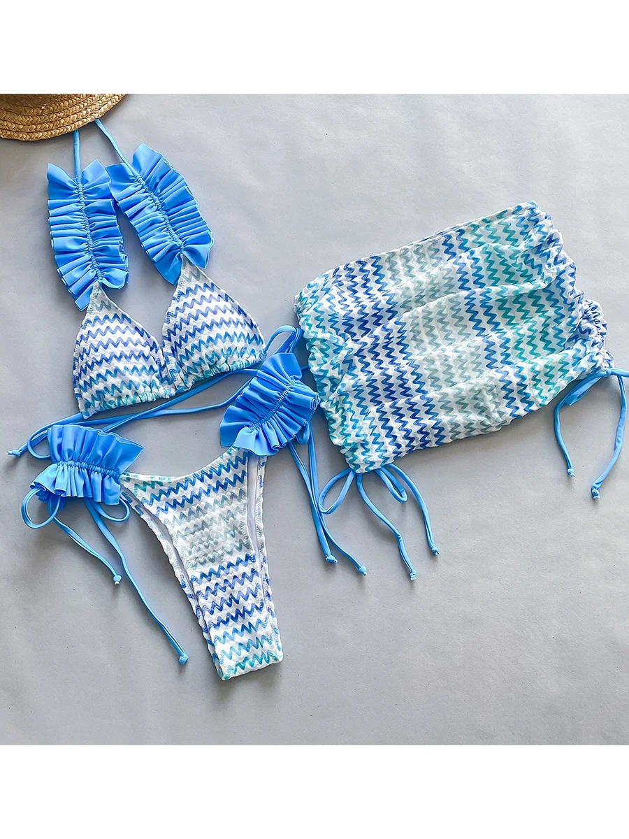 Trzyczęściowe bikini ze spódnicą i falbankami Niebieski