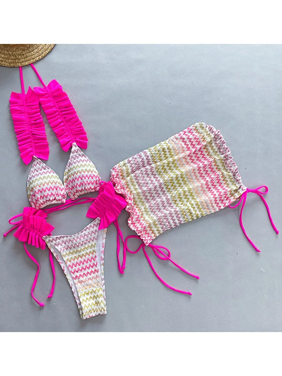 Trzyczęściowe bikini ze spódnicą i falbankami Róża czerwona