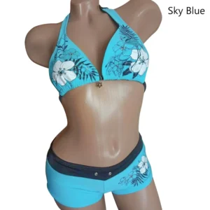 Bikini vintage w kwiaty z niskim stanem Niebieski