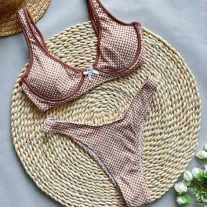 Bikini w kratę z fiszbinami i push-up Brązowy