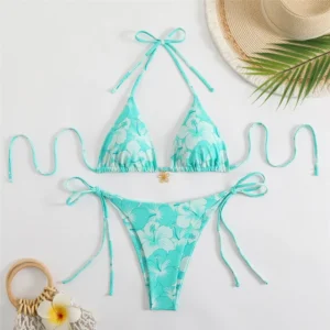 Bikini w kwiaty wiązane na szyję z dołem typu stringi Jasny zielony